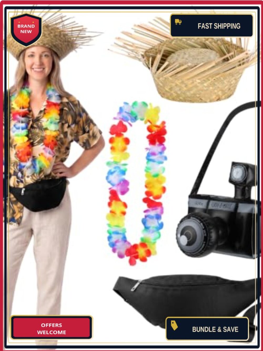 Tacky Tourist Costume Set 4 Pcs Inflatable Camera Straw Hat Waist Bag Garland